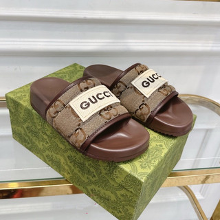 Dép lê nữ Guci quai ngang màu nâu mẫu mới, dép bánh mì GC đế mềm fullbox