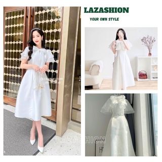 Đầm váy thời trang nữ, dáng xoè dài, buộc nơ cổ, tay bồng ngắn phối voan, kiểu dáng nhẹ nhàng - LAZASHION V160