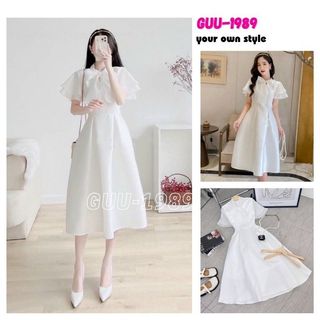 Váy công chúa, buộc nơ cổ, tay bồng ngắn phối voan, dáng xoè dài - Đầm nữ tiểu thư sang chảnh cực xinh - GUU1989 V160