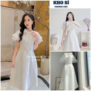 Đầm nữ đẹp, buộc nơ cổ, tay bồng ngắn phối voan, dáng xoè dài, đi dự tiệc cưới, tiểu thư sang chảnh - KSPV V160