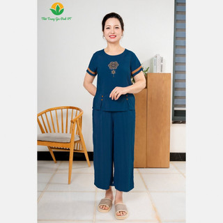 Bộ đồ lanh nữ trung niên Việt Thắng, quần lửng dài, áo cộc tay, cúc trang trí - B26.2402