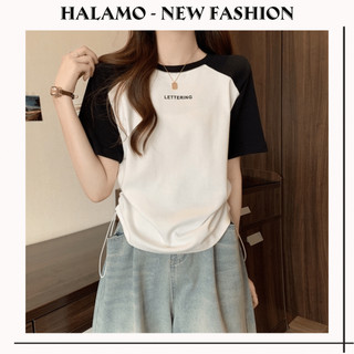 Áo thun baby tee nữ cổ tròn tay ngắn rút dây 2 bên họa tiết chữ lettering chất thun tăm co giãn AC05