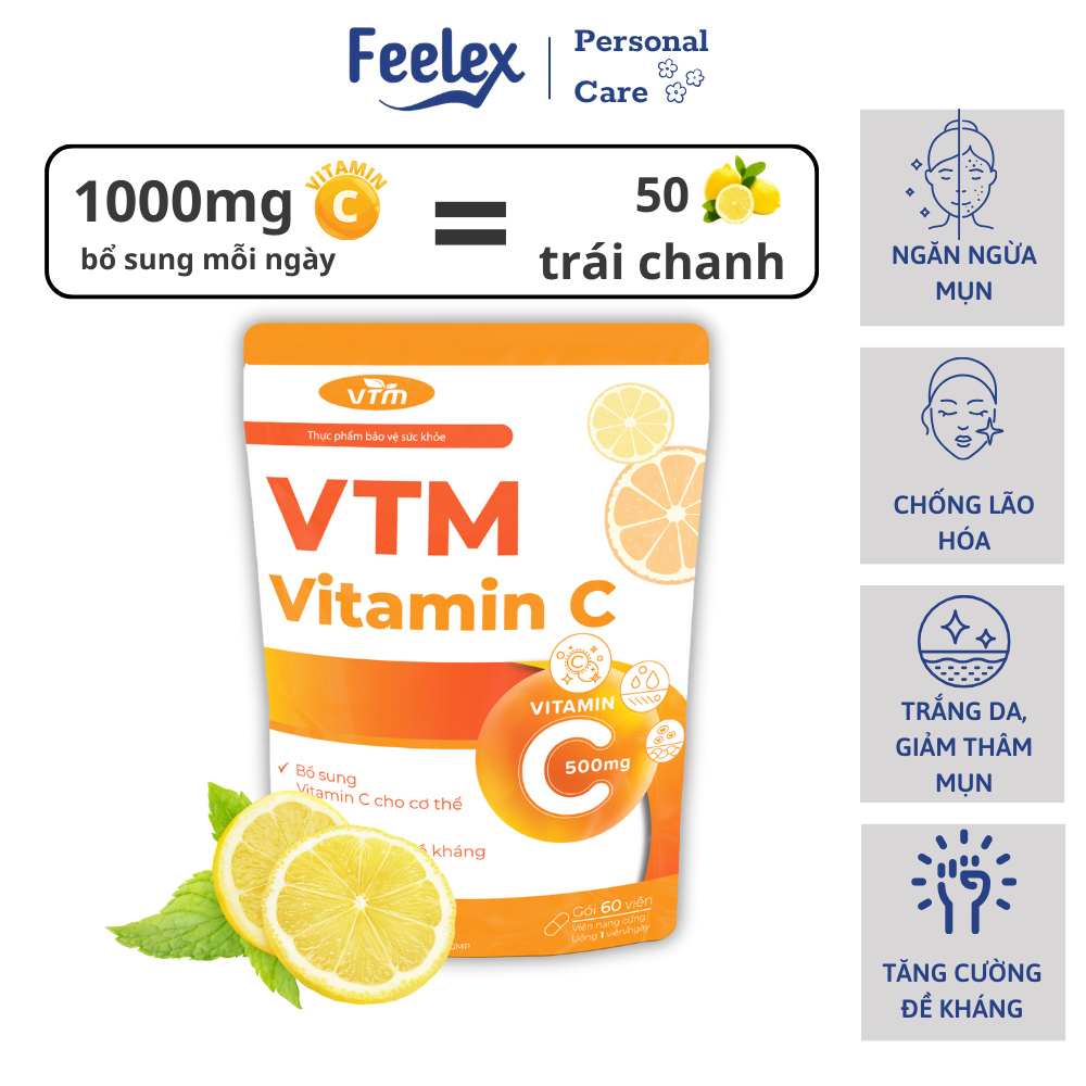 Viên uống VTM Vitamin C bổ sung vitamin C, sáng da, mờ thâm, tăng cường đề kháng - gói 60 viên(30 ngày)
