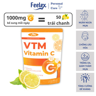 Viên uống VTM Vitamin C bổ sung vitamin C, sáng da, mờ thâm, tăng cường đề kháng - gói 60 viên(30 ngày)