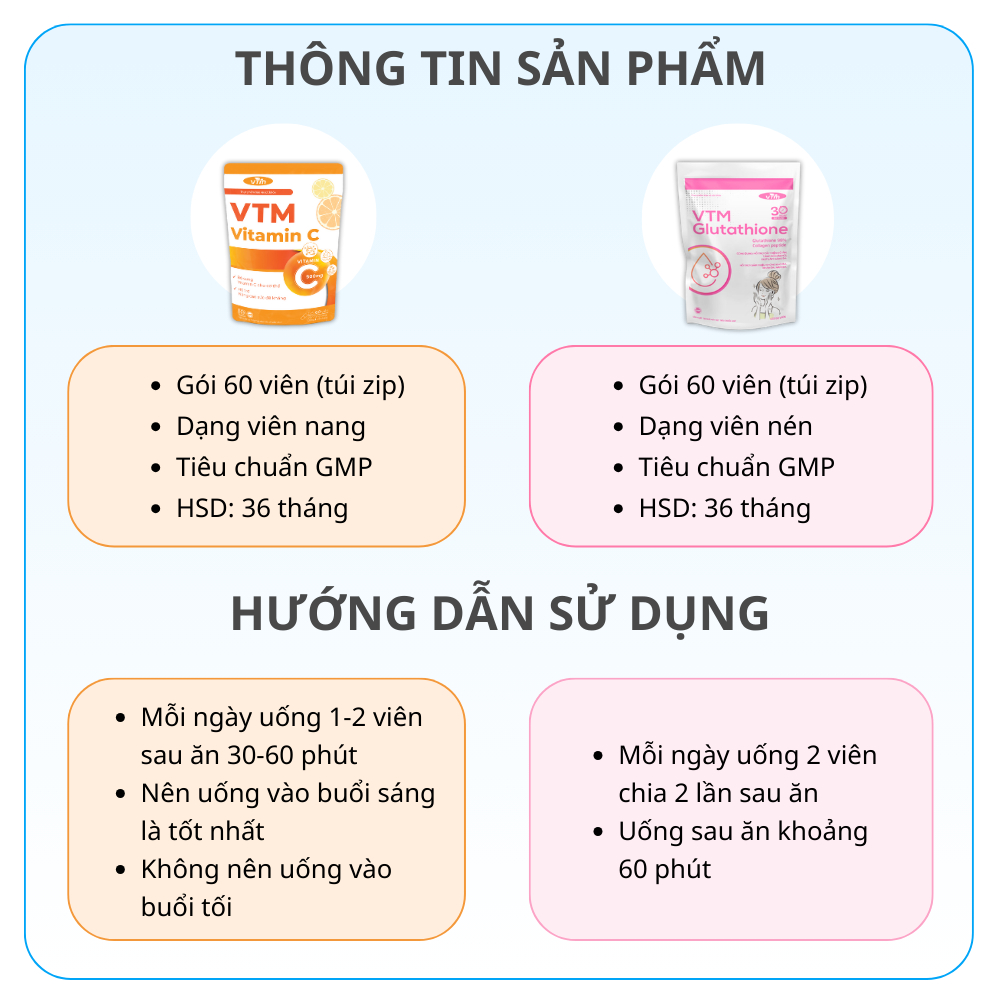 Combo Da Trắng Mịn Màng Viên Uống VTM Vitamin C Và Viên Uống VTM Glutathion