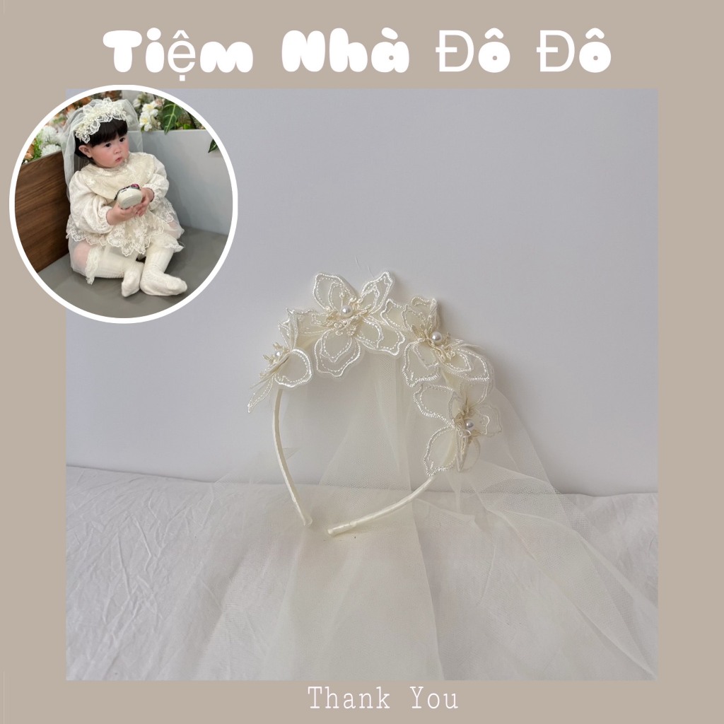 Băng đô đội đầu cược cài tóc voan dài công chúa tiểu thư cho bé gái sơ sinh đính ngọc cực đẹp sinh nhật thôi nôi