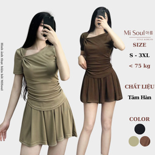 Set Áo Nơ Lệch Cổ BigSize MiSoul – Vạt Tròn Nhún Eo, Quần Sooc Giả Chân Váy Tăm Hàn Mềm Mát 274