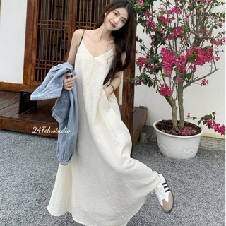 Váy hai dây tơ chất đũi lụa cổ V dáng suông dài phong cách Hàn Quốc Adorable20ss VN36