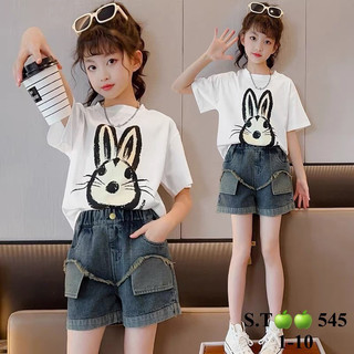 S015 - (10-30kg) Bộ áo thun quần short bò cho bé gái hình thỏ vải cotton + bò cao cấp