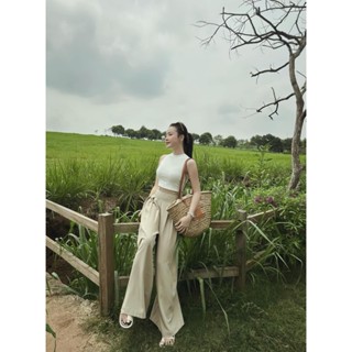 Set hai quần xuông xếp ly phối dây kết hợp áo thun sát nách kem thời thượng ảnh thật loại 1