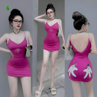 Đầm body hai dây bàn tay 10ca, Đầm 2 dây in hình tay mèo ôm mông và dấu cộng trước ngực cực sexy , chất thun bozip