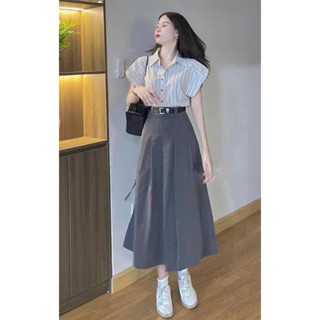 Set váy thời trang nữ áo lennin sọc váy tuyết mưa kèm  dây nịt cổ sơ mi áo ngắn tay váy dài xòe trẻ trung