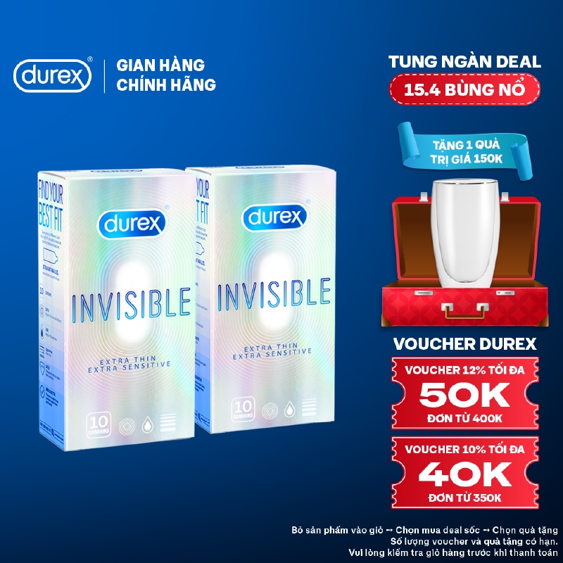 Bộ 2 hộp bao cao su Durex Invisible siêu mỏng, bôi trơn size 52mm, hộp 10 bao