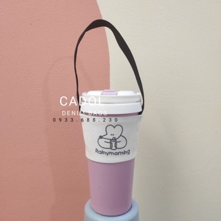 Túi Vải Xách Đựng Ly Vải Canvas Dây Đai (Chỉ Vừa Ly Dưới 500ml, Vải Mộc Có Đốm Đen)