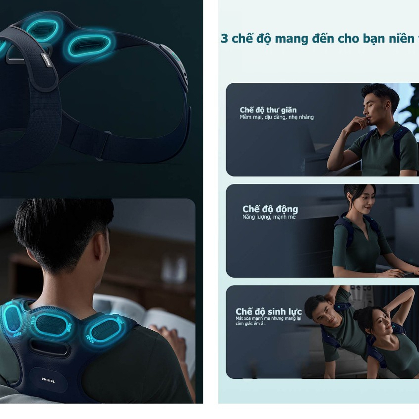 Đai chống gù lưng kết hợp massage Philips, Đai lưng điều chỉnh tư thế, Thiết bị chống gù thông minh thế hệ mới mát xoa