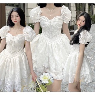 Đầm xòe tay phồng hai tầng , váy babydoll nơ tiểu thư nhẹ nhàng freesize