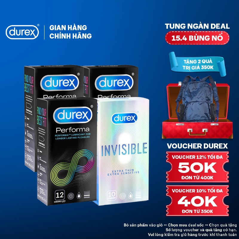 Bộ 3 bao cao su Durex Performa kéo dài thời gian (52mm, hộp 12bao) + 1 Durex Invisible siêu mỏng (52mm, hộp 10 bao)