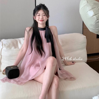 Váy voan tơ Hồng cổ yếm buộc nơ phong cách tiểu thư Hàn Quốc Adorable20ss VN57