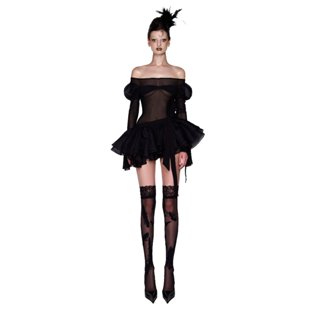 LSOUL Đầm Body Trễ Vai Xuyên Thấu Tùng Xéo Xếp Tầng Màu Đen Sixième Sens Dress B24031399