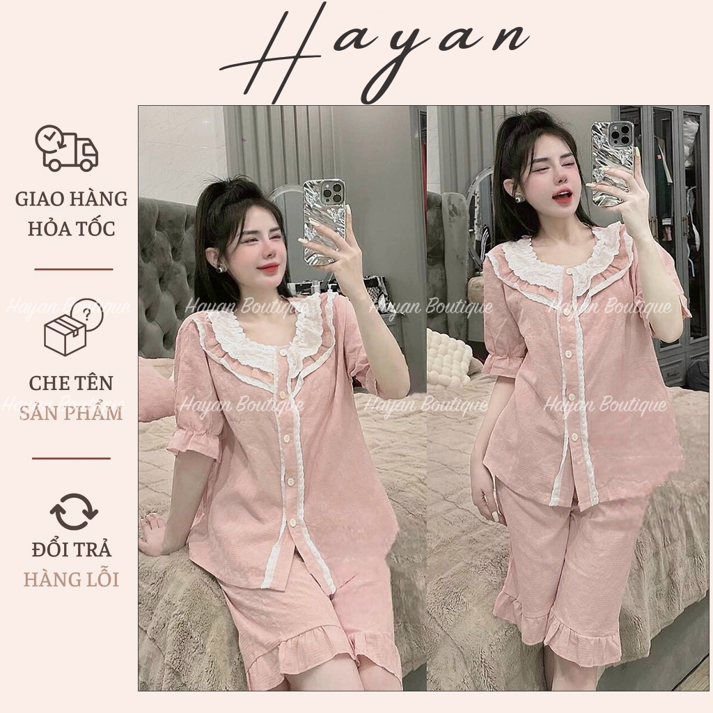 HT6006 Bộ pijama thô đũi tiểu thư cổ tàu phối màu,đồ ngủ thô đũi bánh bèo tôn dáng HT6006