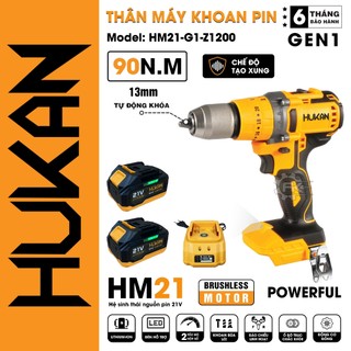 Máy khoan pin HUKAN Z1200, Động cơ Không chổi than, Lực siết 90Nm, 3 Chức năng, 13mm, Có tạo xung