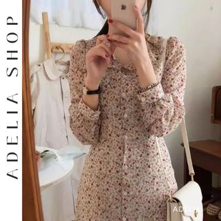 「ADELIA」Đầm Hoa Nhí Cổ V 2 Màu Hồng Be Nhẹ Nhàng Thanh Lịch 2 Lớp Kèm Thắt Eo Hàng Quảng Châu DH535