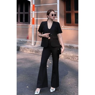 femei - Set 3 món - Áo blazer vest, áo 2 dây, quần dài ( đen - xanh navy - hồng )