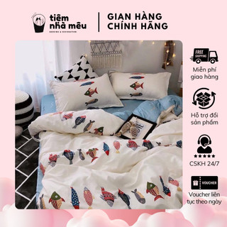 (ẢNH THẬT) Bộ Chăn Ga Gối Cotton 3D 80% Set 4 Món Cotton Poly Cá Thoáng Mát Freesize Tiệm Nhà Mêu