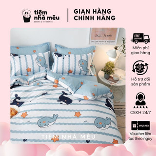 Bộ Chăn Ga Gối Cotton 3D 80% Set 4 Món 2 Vỏ gối ,drap , vỏ chăn Cá Voi Sale Kịch Sàn Tiệm Nhà Mêu