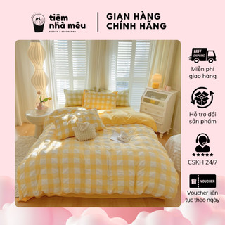 Bộ 4 Món Cotton Đũi Dúm Vỏ Chăn Ga Gối Checker Caro Cá Tính Mềm Mịn Freesize Tiệm Nhà Mêu