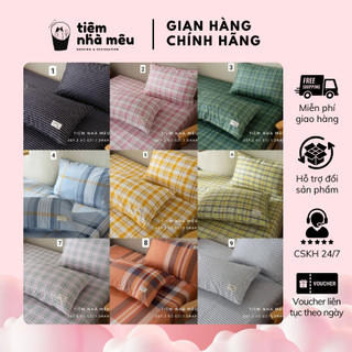 Bộ 3 Món Ga Vỏ Gối Cotton TC Basic Caro Không Phai Màu Bai Xù Phong Cách Hàn Fullsize Tiệm Nhà Mêu