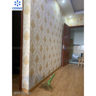Giấy Dán Tường Hoa Văn Cổ Điển Cao Cấp Màu Vàng Đồng Trang Trí Phòng Khách, Lụa Keo Sữa Dán Ngoài, Khổ 53cm