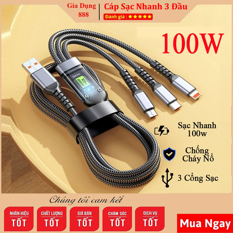 Dây Cáp Sạc Nhanh 3 Đầu 100W Dài 1m2 Hỗ Trợ Sạc Nhanh 3 Trong 1 Chống Đứt, Chống Rối