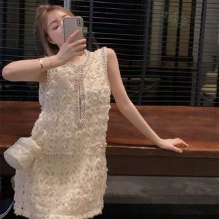 Đầm váy sát nách xẻ ngực viền túi ngọc, Váy ba lỗ đính ngọc sang chảnh dáng chữ A ngắn TRẮNG KEM [SẴN]