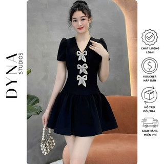 Váy cổ V nơ đá 𝐍Đ tay ngắn chân xoè dúm li xinh xắn