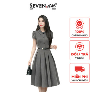 Đầm xòe tay cộc xám ghi cổ sơ mi đai eo thời trang nữ Seven.AM OD0103I