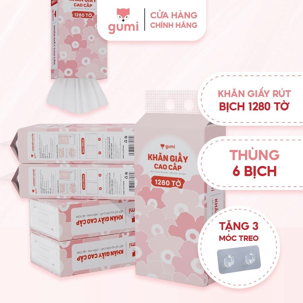 Thùng 6 bịch Khăn Giấy Cao Cấp Gumi 1280t tường tiện lợi, an toàn Giấy ăn Gumi (Tặng móc treo)