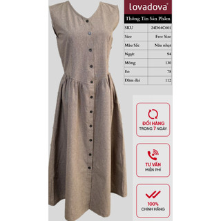 Đầm xòe sơ mi vải cotton len sát nách màu nâu nhạt Lovadova 24D04C001
