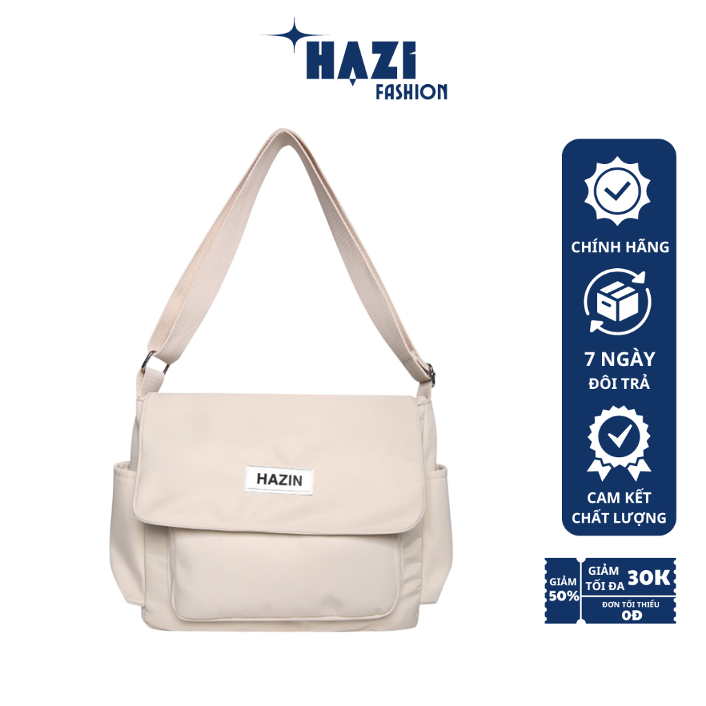 Túi đeo chéo basic vải canvas nam nữ đi học thêu chữ HAZIN phong cách Hàn Quốc, túi đeo vai cặp đi học Unisex cá tính