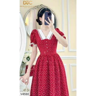 Váy đầm thiết kế dáng dài đỏ chấm bi đi làm đi chơi V4592 - DVC