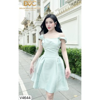 Váy đầm thiết kế trễ vai xanh min phối nơ đi chơi đi tiệc V4644 - DVC