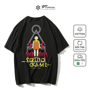 Áo phông TRÒ CHƠI CON MỰC SQUID GAME búp bê nam nữ cotton 100% mềm mịn form dáng rộng unisex (Đen, Trắng)