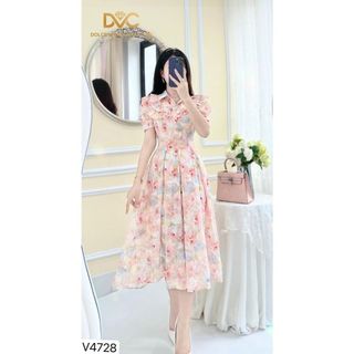 VÁY THIẾT KẾ CAO CẤP, VÁY NỮ ĐI CHƠI HOA HÔNG XANH CỔ BÉ XẾP LY TẦNG V4728 - DVC