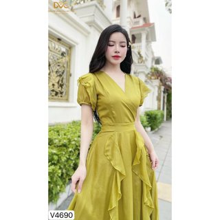 Váy đầm thiết kế xanh cốm phối bèo đi tiệc đi biển V4690 - DVC