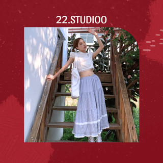 𝟮𝟮.𝗦𝘁𝘂𝗱𝗶𝗼𝗼 ~ Set chân váy và áo cộc tay croptop Chân váy dài maxi đi biển màu xanh phối ren Áo kiểu nữ màu trắng cộc tay