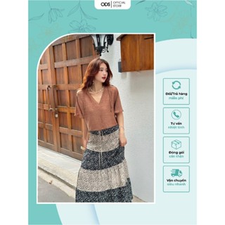 Áo croptop cánh dơi thun xốp nâu ODS thiết kế cổ V trước xẻ vai đính dây ra giữa thân trẻ trung năng động - DH1