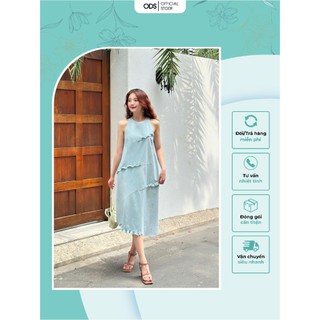 Đầm A sát nách xanh mint ODS thiết kế cổ tròn nơ sau, nhún bèo chéo thân trước trẻ trung năng động - DH2