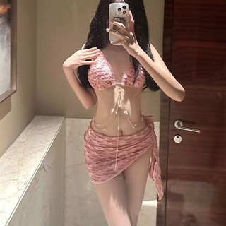 Set bikini hồng phối đá 3 mảnh