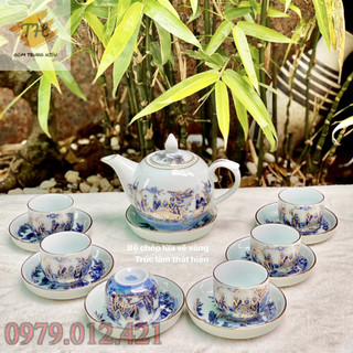 Bộ ấm chén vẽ vàng Bát Tràng tích Trúc Lâm Thất Hiền cao cấp dung tích ấm 350ml