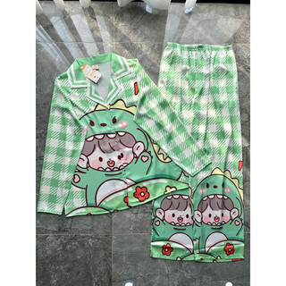 Pijama cao cấp 2ce, đồ ngủ lụa cao cấp tay dài khủng long